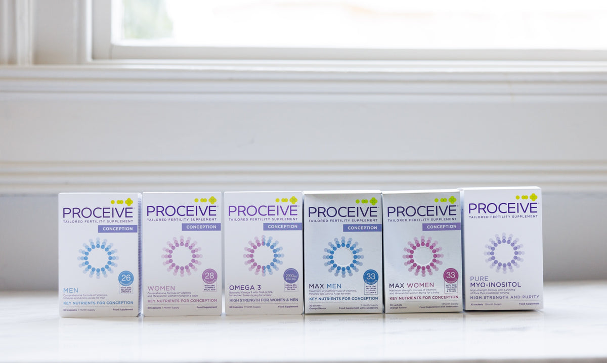 Six ProCeive supplement boxes arranged in a row on a white windowsill with a bright window in the background. The boxes are white with purple and blue graphics and text for different product variants including Men, Women, Omega 3, Max Men, Max Women, and Hydrocortisone.