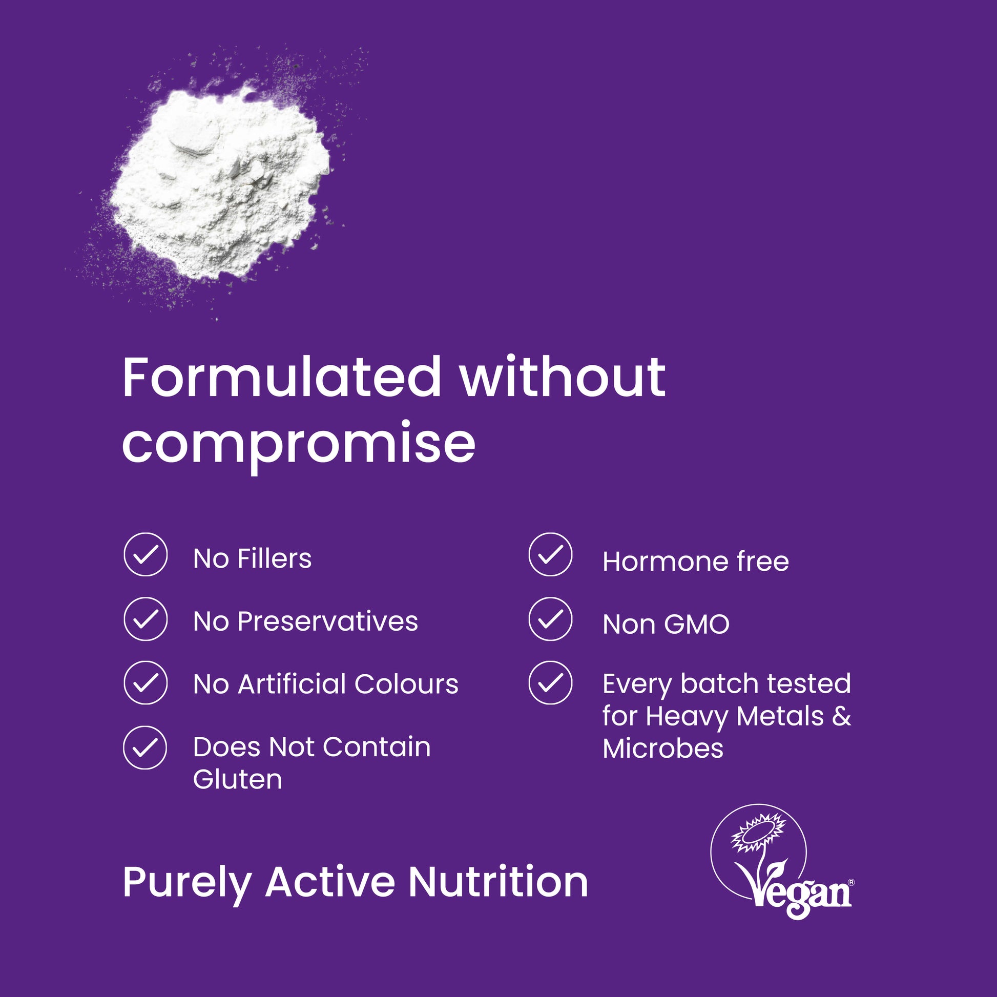 Formulated without compromise, Purely Active Nutrition. Vegan Certified 